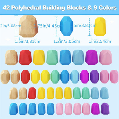 42 PCS Wooden Sorting Stacking Rocks Toys