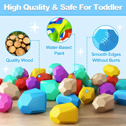 42 PCS Wooden Sorting Stacking Rocks Toys