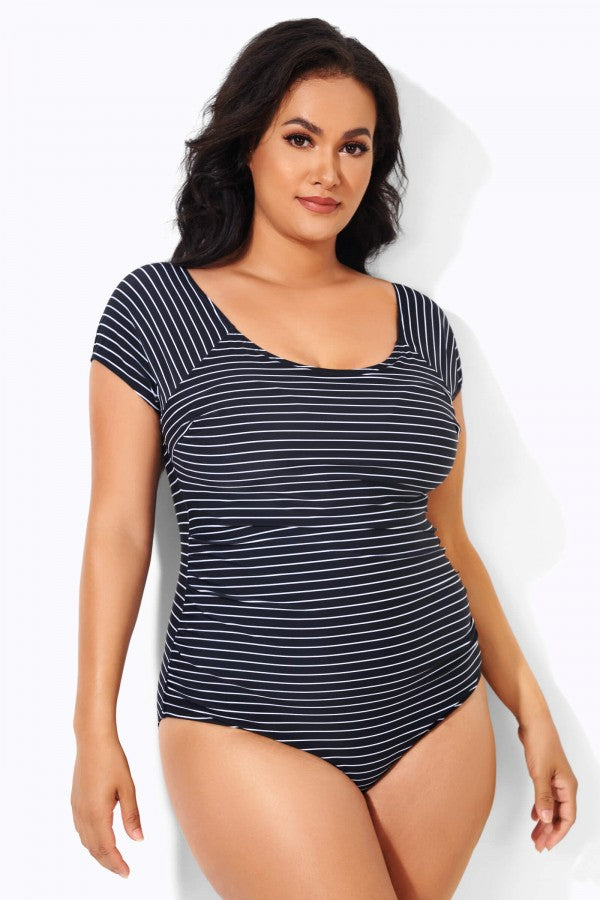 Stripes Round Neck Women One Piece Swimsuit