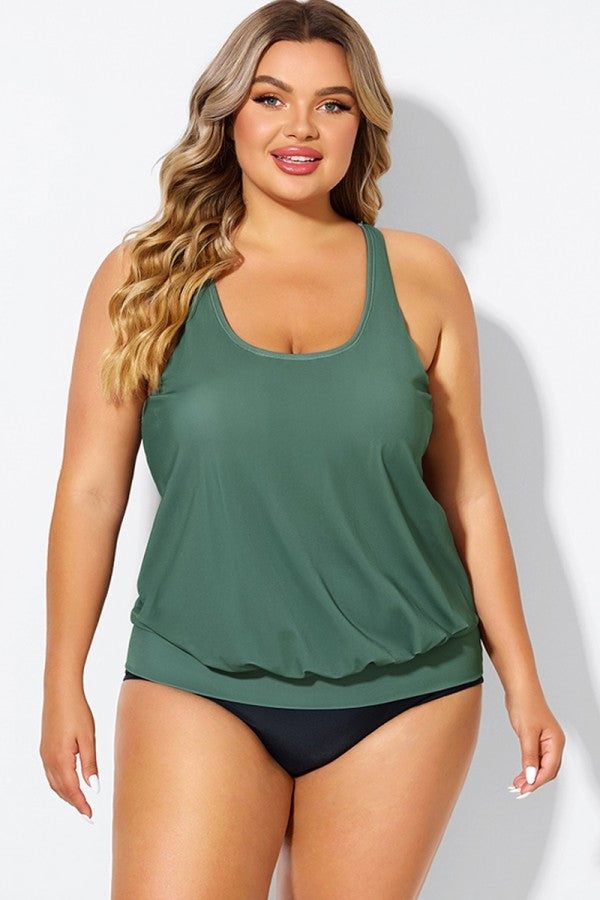 Army Green Racerback Tummy Control Blouson Tankini Top