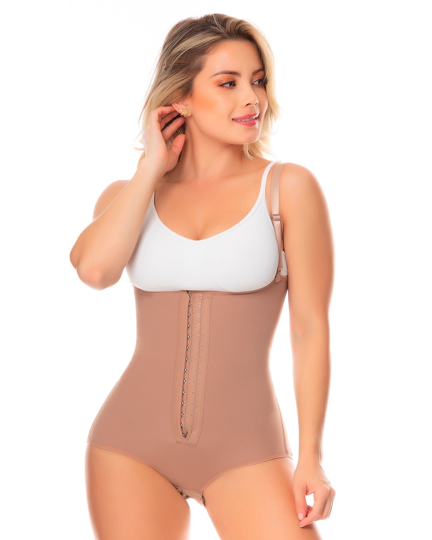 Fajas Colombianas Body Shaper Girdle With 2 Line Hooks, Covered Back, Free Breasts, Perineal Opening Crotch