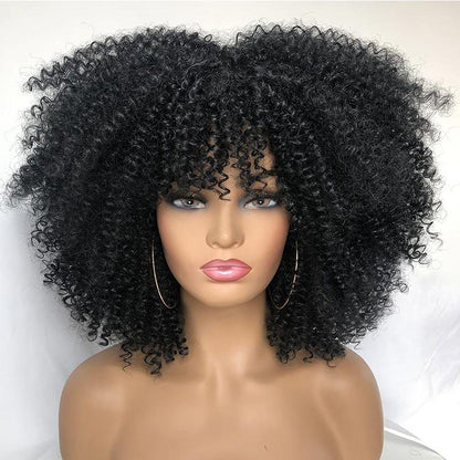Short Hair Natural Black 14 Inch Afro Kinky Curly Wig With Bangs For Black Women Cosplay Lolita Synthetic Wig