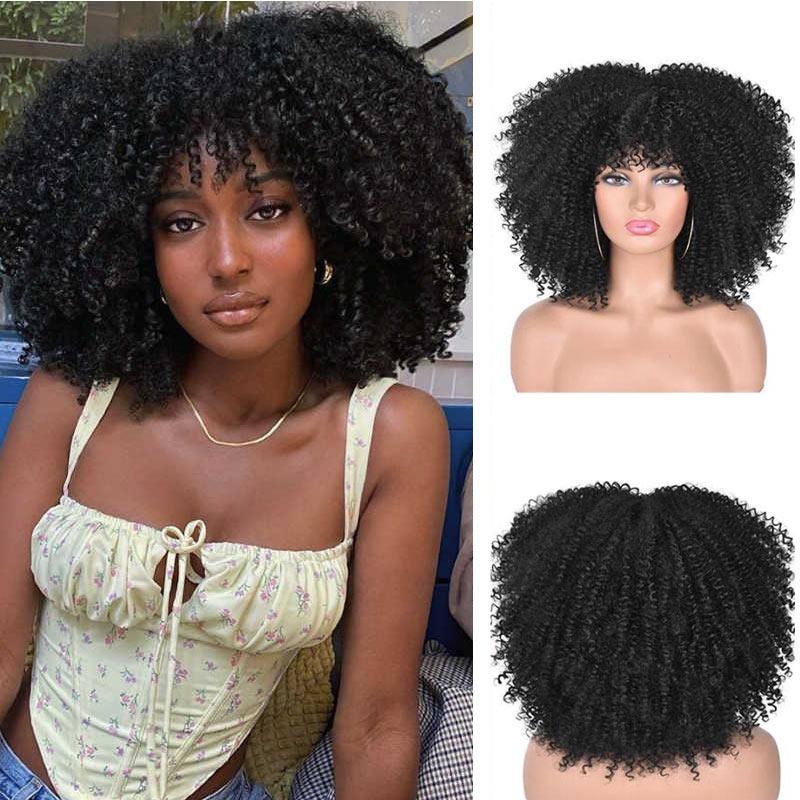Short Hair Natural Black 14 Inch Afro Kinky Curly Wig With Bangs For Black Women Cosplay Lolita Synthetic Wig