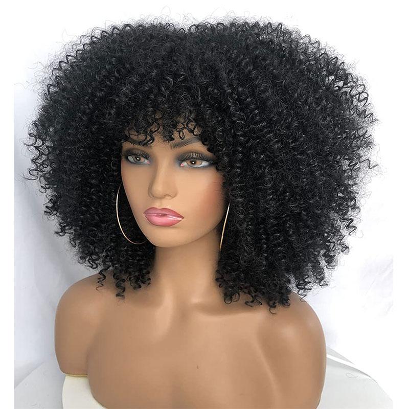 Short Hair Natural Black 14 Inch Afro Kinky Curly Wig With Bangs For Black Women Cosplay Lolita Synthetic Wig