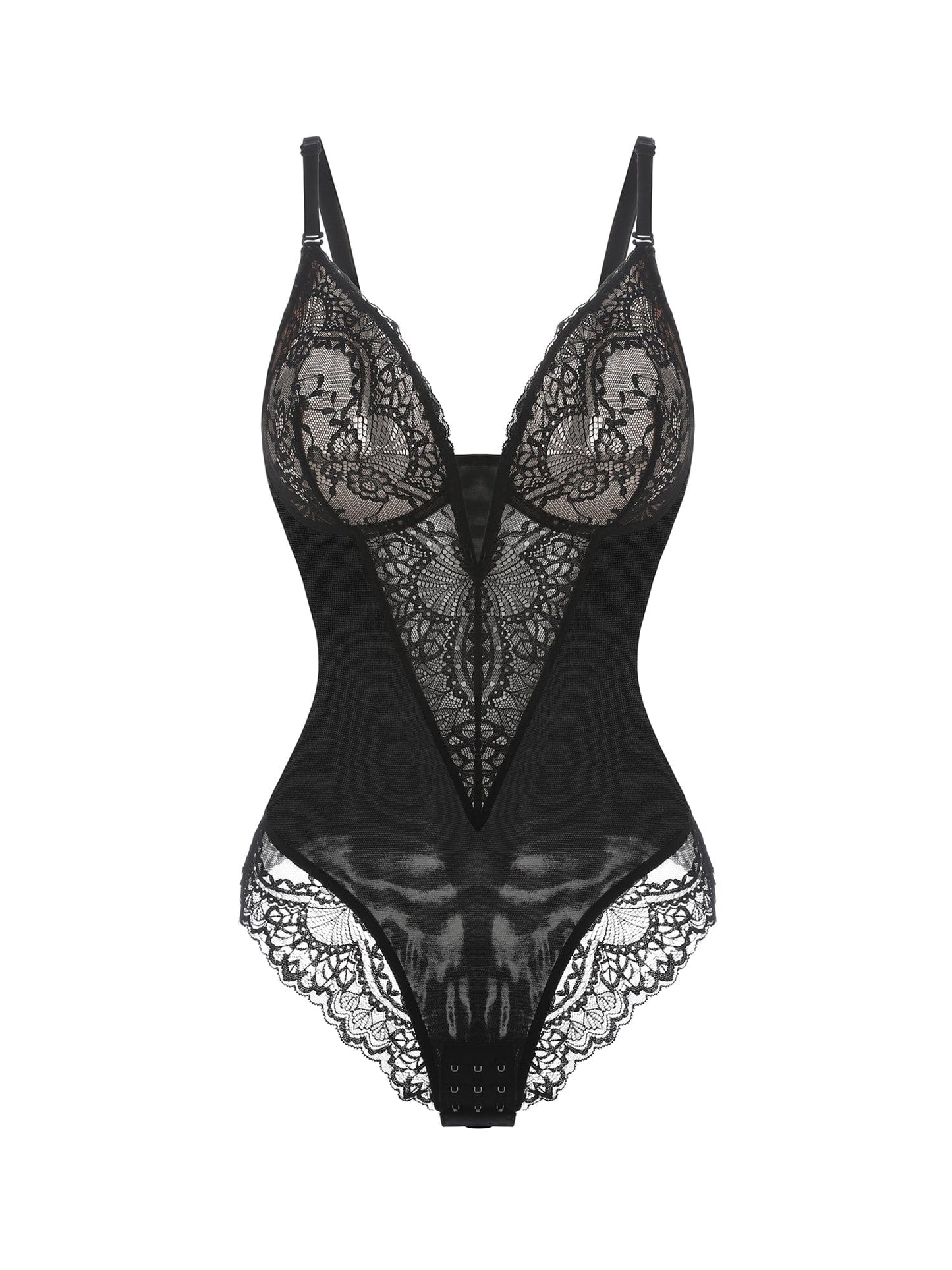 Deep-V Neck Lace Thong Bodysuit